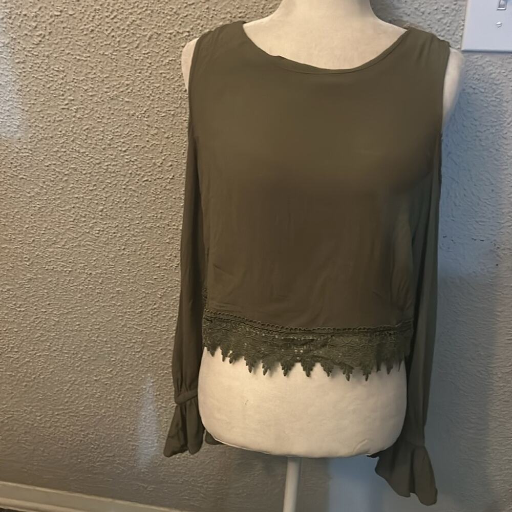 Lulus Crochet Cold Shoulder Side Tie Top M Olive Green Boho Fairycore Festival